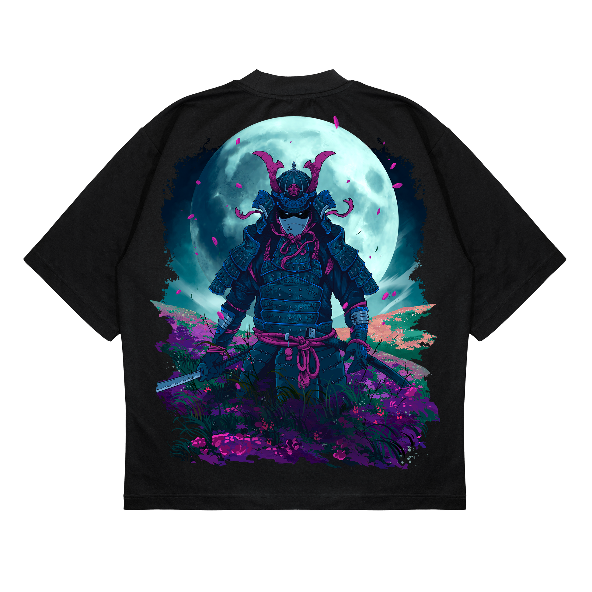 Midnite Club black streetwear tee – detailed samurai illustration with moonlit backdrop and neon purple-pink floral elements, inspired by Japanese warrior aesthetics and night culture.